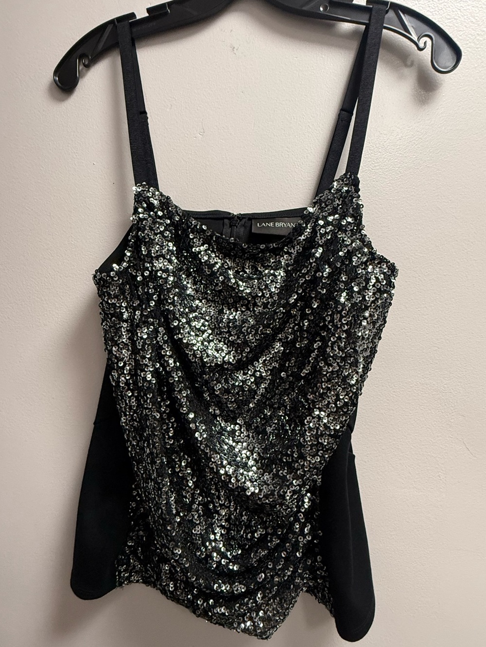 NWOT Lane Bryant Black Silver Metallic Sequin Draped Cami Strapped Top Size 14